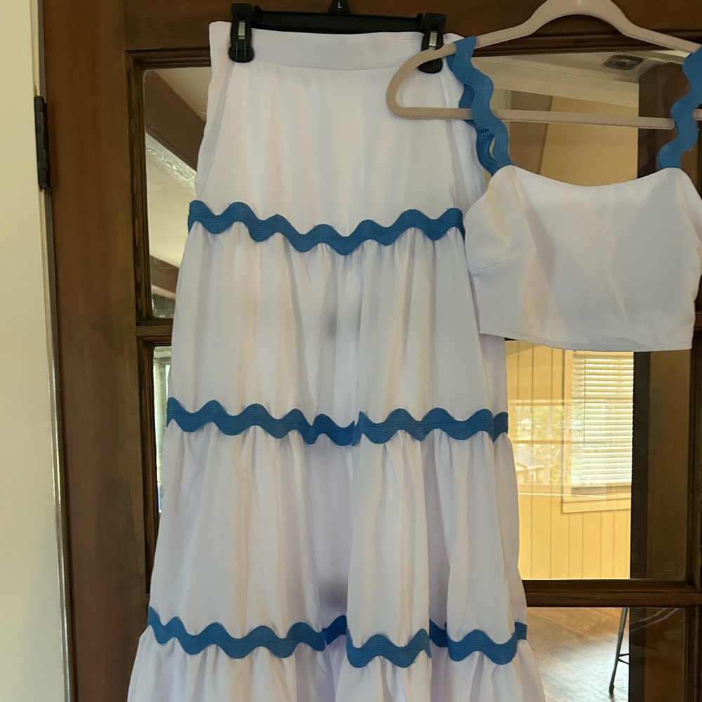 Amazon White Dress with Blue Trim Two-Piece Set-worn once for pictures